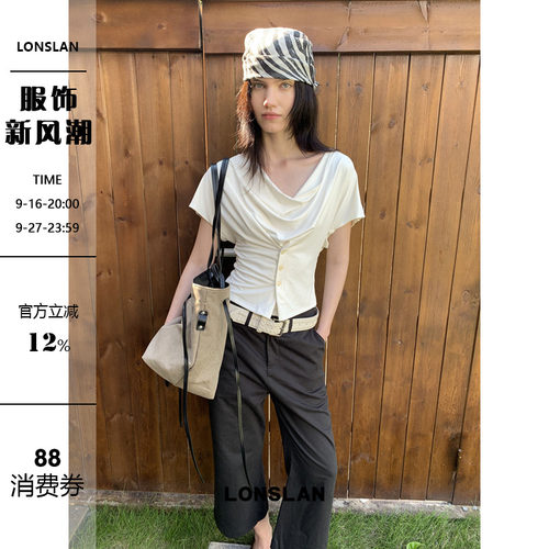 LONSLAN 2026夏季新款荡领收腰系扣短袖T