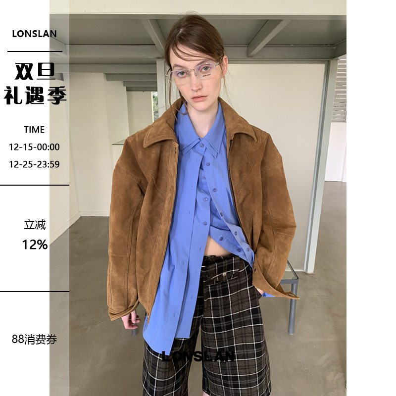 LONSLAN 2025秋季新款 美拉德复古 重工硬挺麂皮设计翻领外套