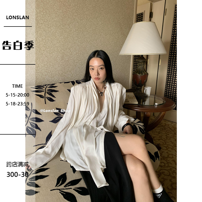 LONSLAN 2023早秋新款百搭修身打底外穿蝴蝶结飘带V口衬衫上衣女 女装/女士精品 衬衫 原图主图