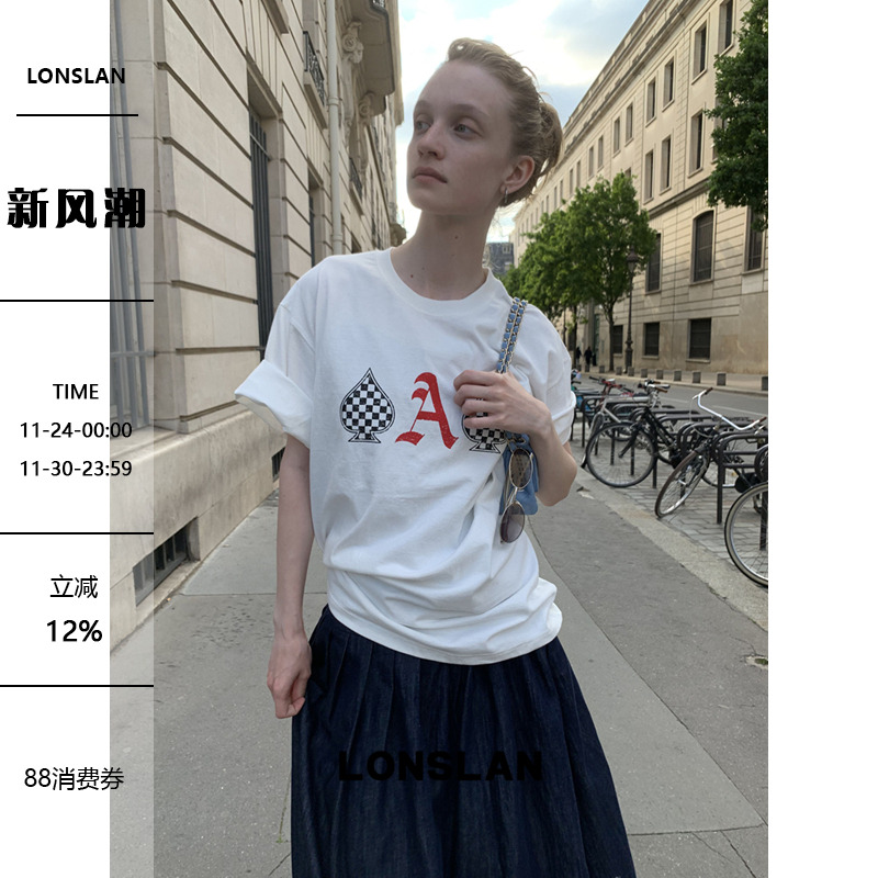 LONSLAN 2025 SUMMER 黑桃A图案印花短袖T