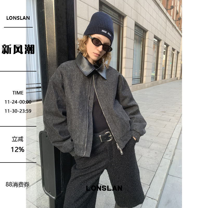LONSLAN 24WINTER 12/9 20:00NEW皮领拼接牛仔工装棉服外套