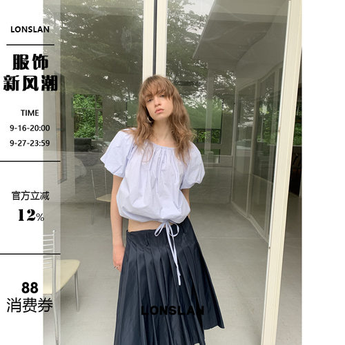 LONSLAN2026夏季新款泡泡袖抽绳绑带娃娃上衣