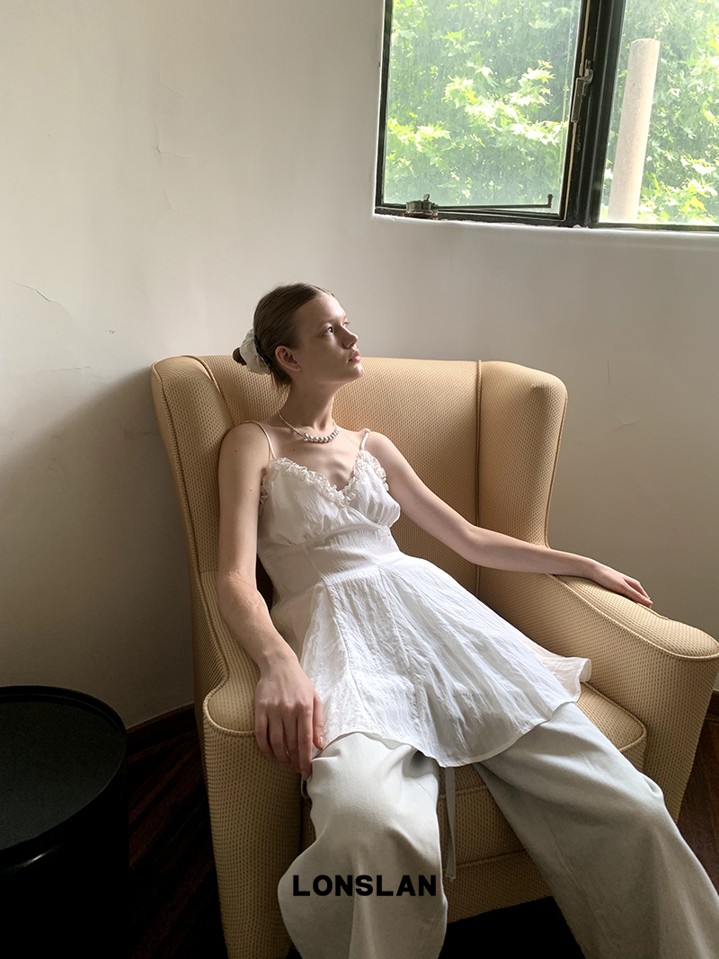 LONSLAN 2024SUMMER5/31 20:00NEW 缎面花边收腰吊带短裙连衣裙