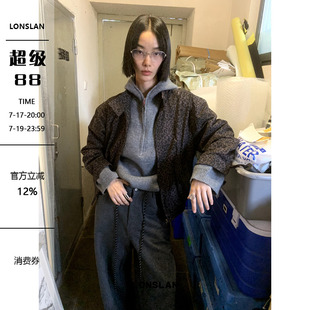 LONSLAN 2024秋季新款复古港风个性豹纹牛仔夹克外套上衣