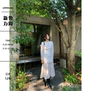 连衣裙女泡泡袖 Lonslan 圆领设计感小众收腰气质白色中长款