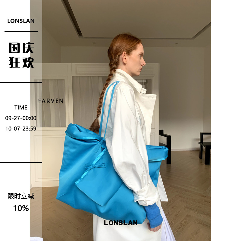LONSLAN 2024AW NEW缎面光泽蓝色蝴蝶结购物袋
