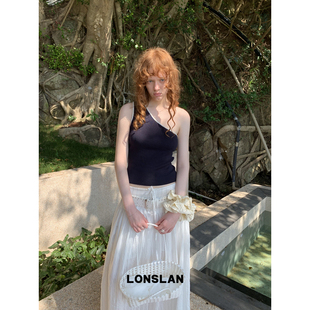 LONSLAN 00NEW斜肩拼色后背镂空针织背心 25SUMMER