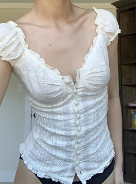 LONSLAN 2023summer 无法抗拒的t 法式收腰刺绣花边蕾丝小上衣