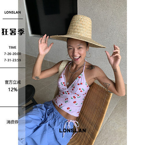 LONSLAN 26SUMMER粉色格子樱桃挂脖背心泳衣套装