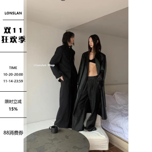 LONSLAN 腰带皮衣 酷girl黑色长款