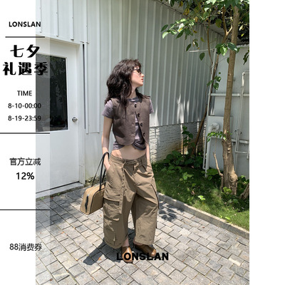 LONSLAN 2026夏季新款镂空金属腰带口袋工装九分裤