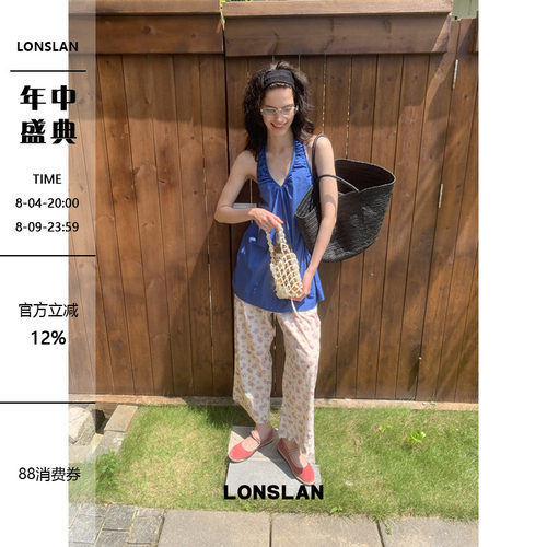 LONSLAN 2026夏季新款褶皱v领挂脖露背背心娃娃裙上衣