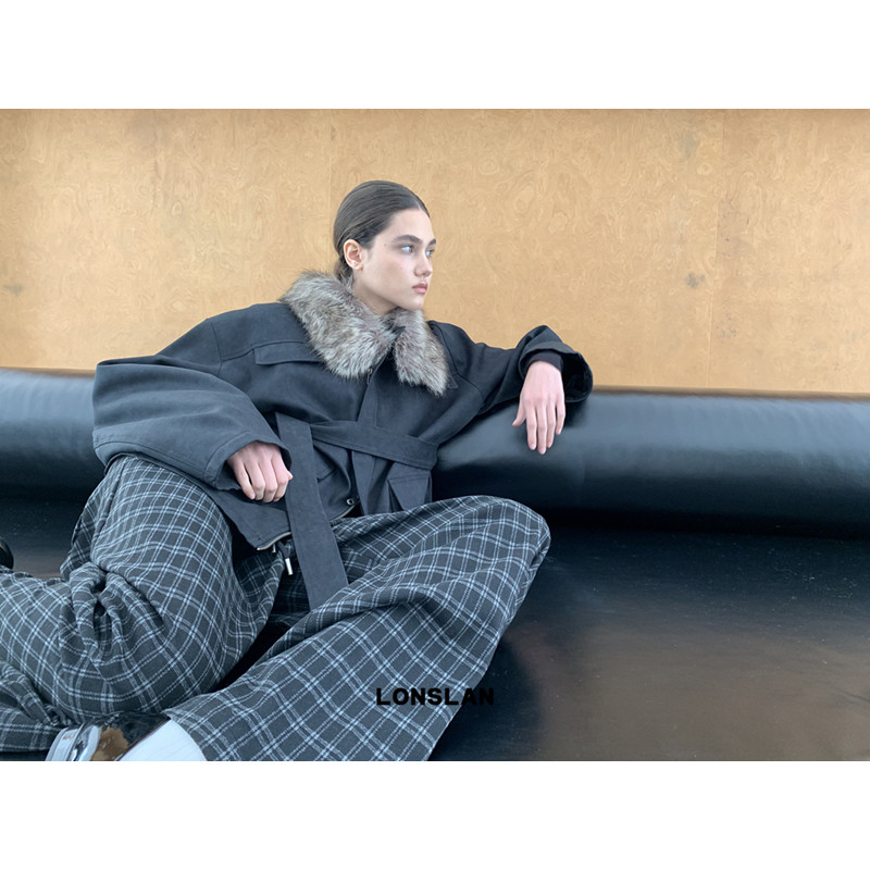 LONSLAN  2025秋季新款 毛领口袋机车绑带外套,女装/女士精品,短外套,淘宝优惠券,粉丝福利购,淘宝优惠卷