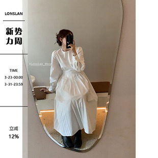 气质洋气长裙 连衣裙法式 Lonslan 春夏复古圆领白色百褶中长款