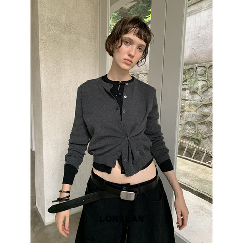 LONSLAN 2025秋季新款 百搭秋冬侧边系扣短款羊毛薄开衫配围巾