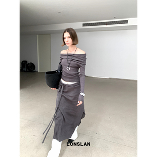 LONSLAN 2024秋季新款显瘦一字领多穿针织毛衣上衣绑带半裙套装