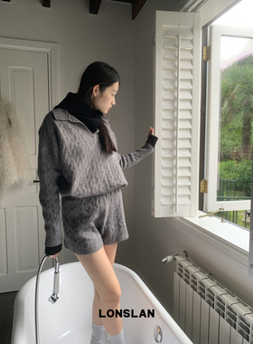 LOSLAN 2024秋冬新款韩系大POLO翻领慵懒风麻花毛衣+针织短裤套装