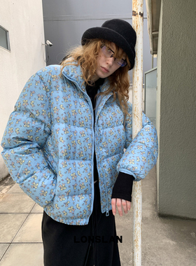 LONSLAN 2025秋季新款 蓝色立领小兔子图案棉服