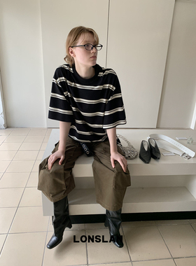 LOSLAN 25SS 休闲个性大件情侣时尚黑白条纹短袖