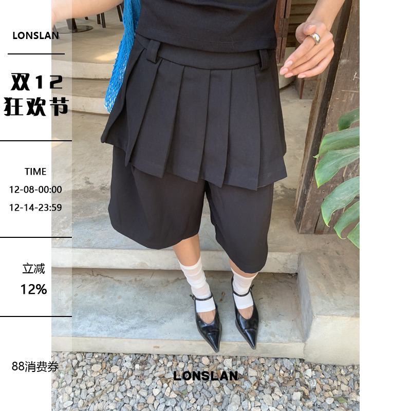 LONSLAN 2025春夏新款 假两件百褶中裤 时尚休闲裤 高腰显瘦 女裤