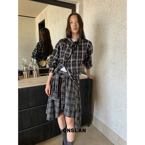 LONSLAN 2025秋季新款 不规则荡领格子衬衫+绑带半裙套装