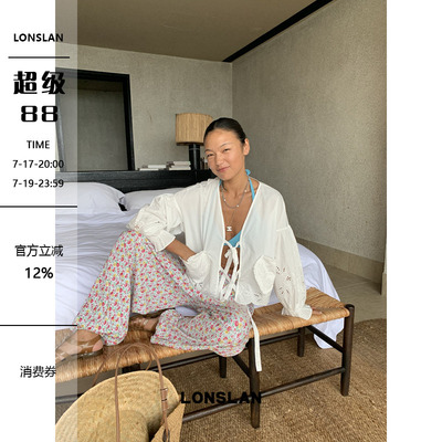 LONSLAN 26SUMMER手工钩花绑带长袖衬衫罩衫
