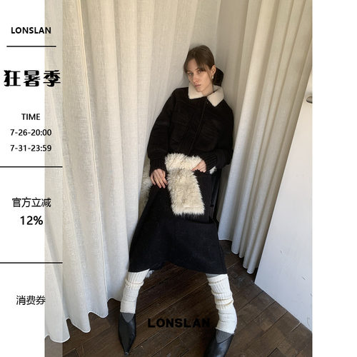 LONSLAN 24WINTER 12/9 20:00NEW羊绒口袋毛领外套+半裙套装