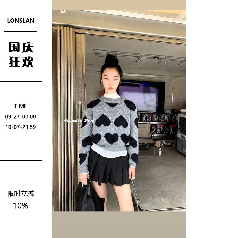 LONSLAN爱心圆领短款毛衣
