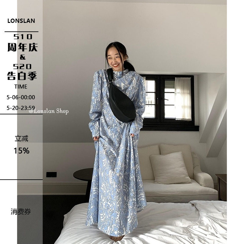 Lonslan 2025自制早春新品慵懒风复古印花中长款碎花连衣裙女清新