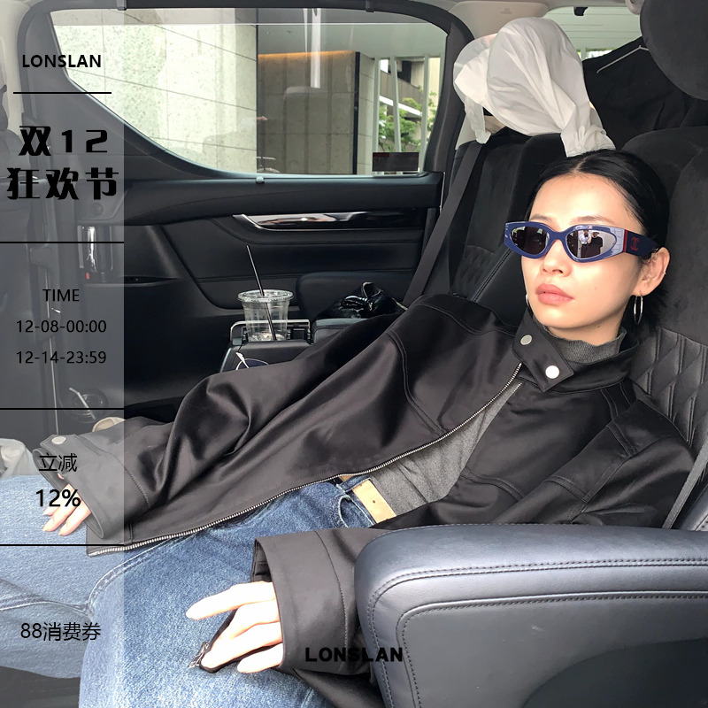 LONSLAN 2024AW NEW光泽感立领扣拉链机车外套