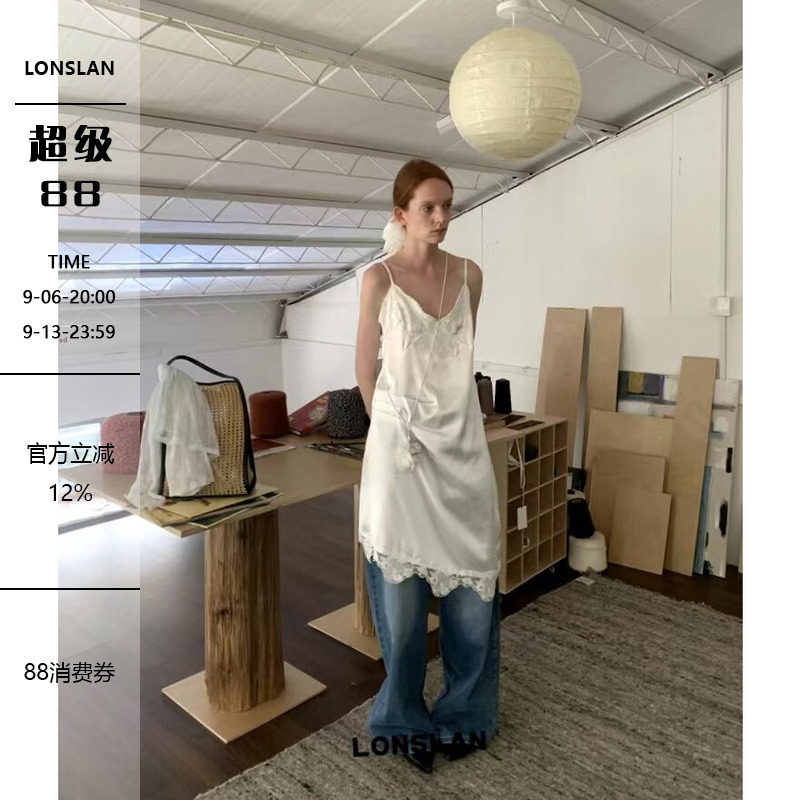 LONSLAN 2026SS NEW 缎面蕾丝不规则内搭吊带裙图片