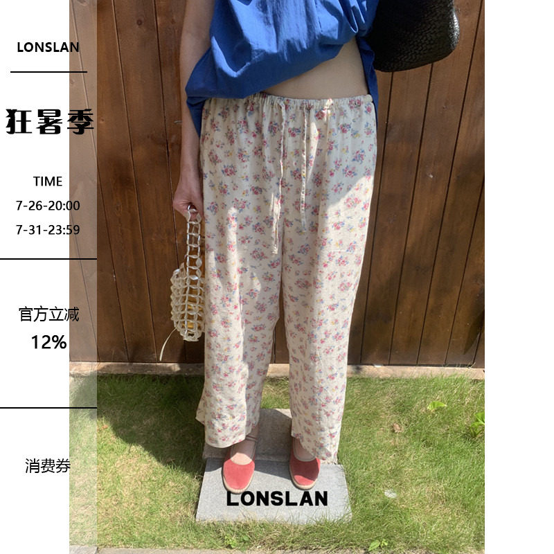 LONSLAN 26SUMMER舒适绑带松紧碎花九分裤 - 实物图