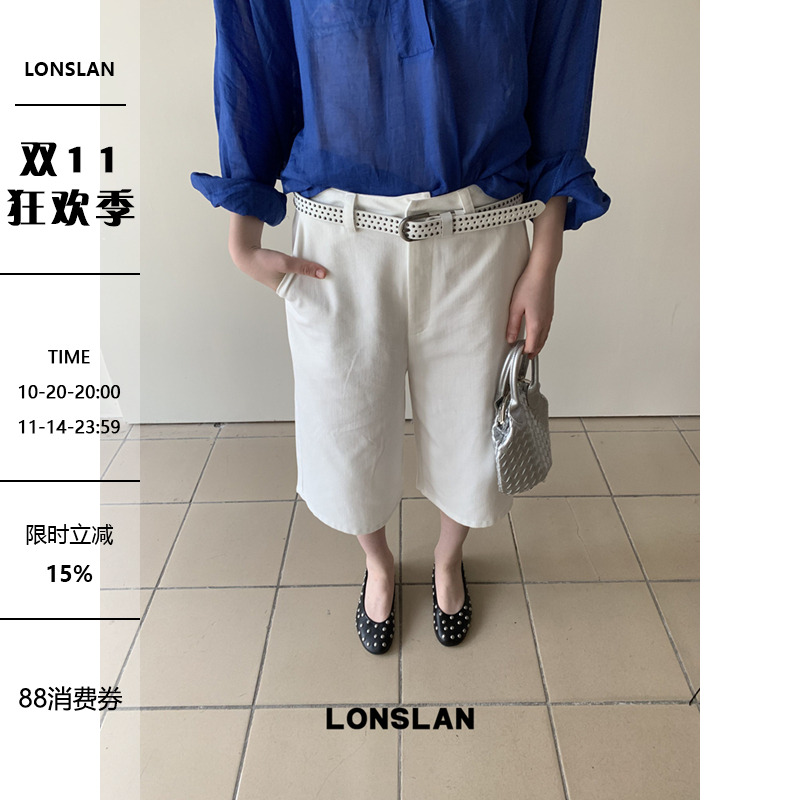 LOSLAN 25SS 简约口袋休闲牛仔阔腿七分裤