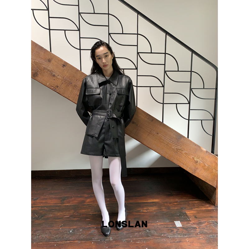 LONSLAN2025早秋新款 腰带口袋皮衣外套+短裤套装