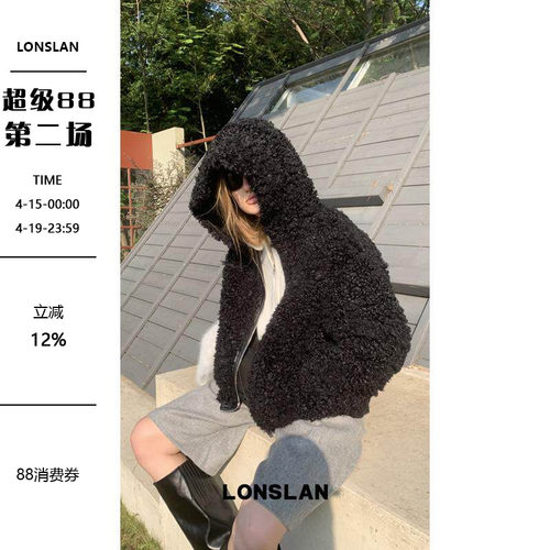 LONSLAN 24WINTER 11/10 20:00NEW 黑色羊羔毛连帽外套