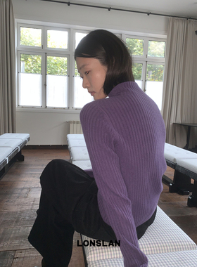 LOSLAN 2024秋冬新款修身显瘦竖条中领弹力针织打底毛衣上衣女