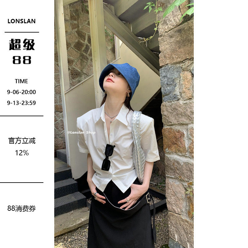 后背绑带收腰短款衬衫图片