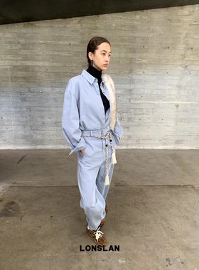 LONSLAN 2024秋季新款复古港风雾蓝色工装牛仔套装