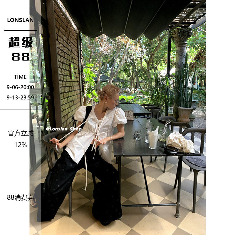 LONSLAN蝴蝶结系带泡泡袖衬衫图片