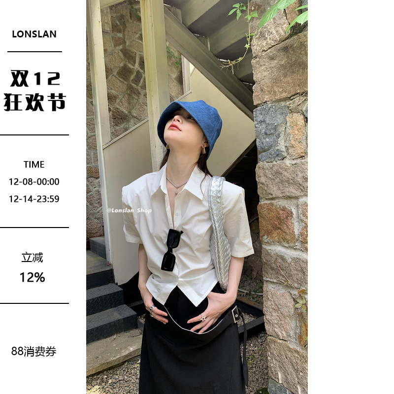 LONSLAN 2022summer小众设计感后背绑带短袖衬衫女款夏季百搭上衣