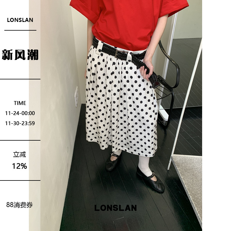 LONSLAN25SUMMER 波点百褶半裙配腰带