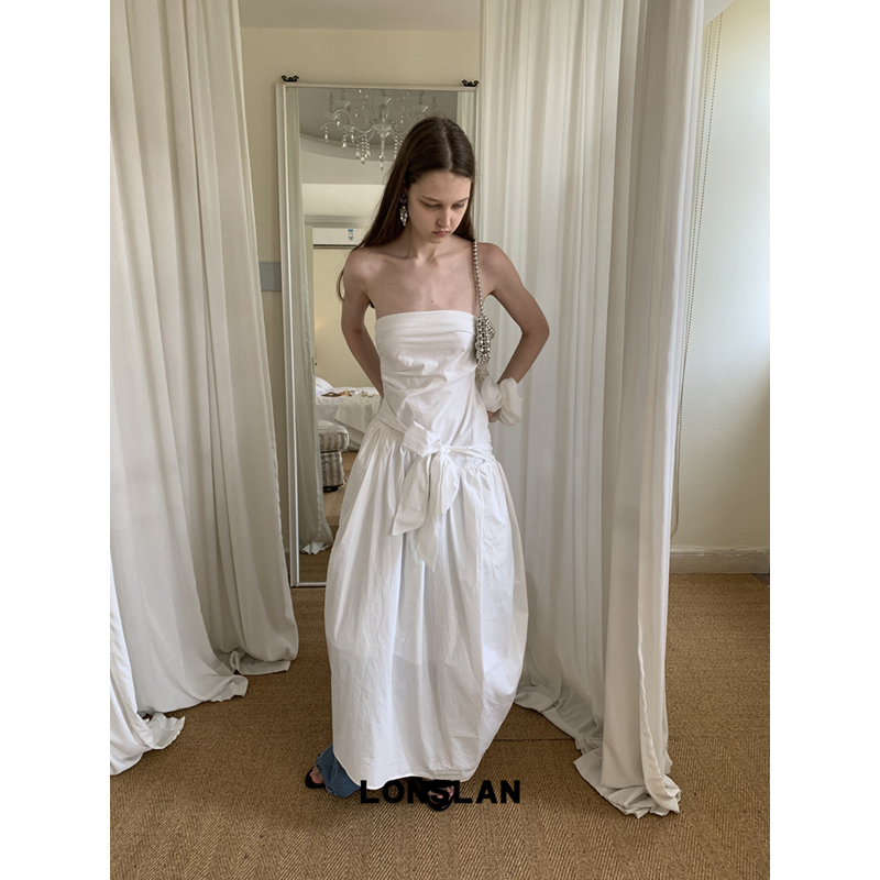 LONSLAN25SUMMER 设计感茧型收腰蝴蝶结绑带连衣裙