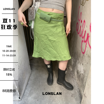 LONSLAN25SUMMER 亮色吸晴度假纹理棉麻缝边半裙