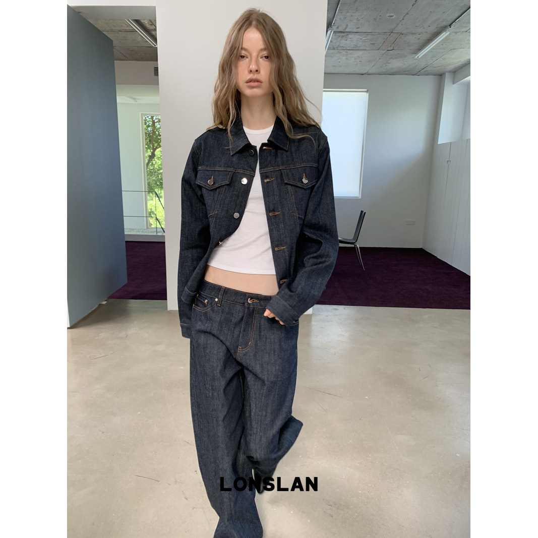 LONSLAN 2026AW 初秋原色深蓝色牛仔外套+直筒锥形牛仔裤套装