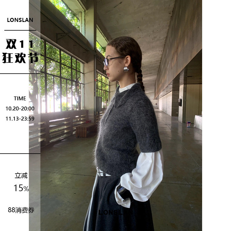 LONSLAN 2024秋季新款兔毛POLO翻领针织短袖上衣