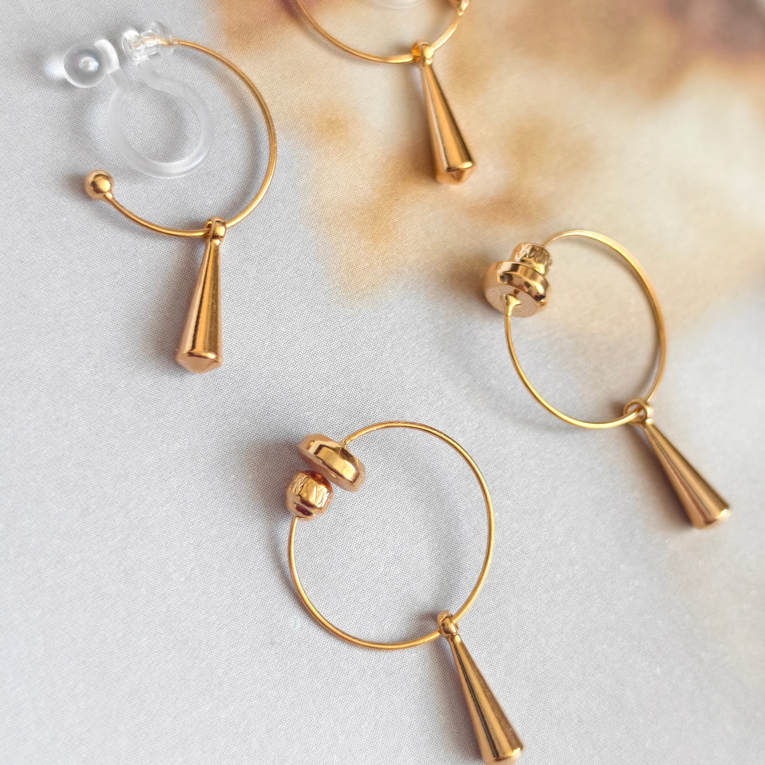 日系小众简约高级感小巧金色银色水滴吊坠耳环无耳洞树脂圆圈耳夹