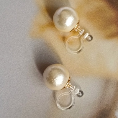 日系人造棉花珍珠大颗耳钉日本小众设计复古高级感树脂耳夹无耳洞