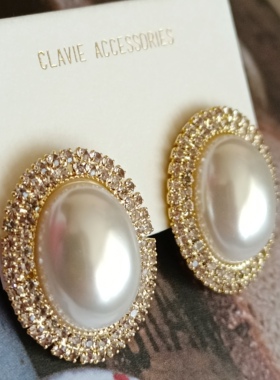 秋冬复古港风水钻椭圆珍珠vintage风格气质耳钉无耳洞耳夹螺丝旋