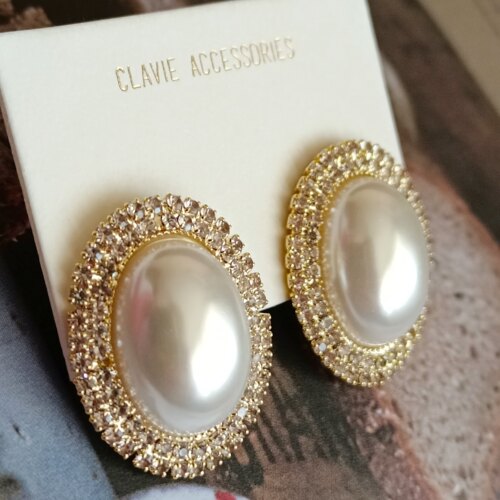 秋冬复古港风水钻椭圆珍珠vintage风格气质耳钉无耳洞耳夹螺丝旋