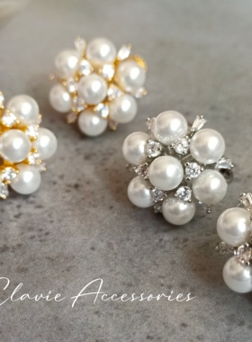 高级感绝美仿珍珠雪花闪钻百搭日常大耳垂耳钉螺丝螺旋无耳洞耳夹